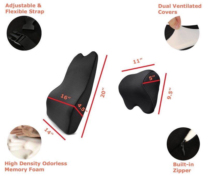 Tektrum Orthopedic Entire Back Support Full Lumbar Cushion for Car & Headrest Neck Pillow Kit - Ergonomic Thick 3D Design Fit Body Curve - Back, Neck Pain Relief, Improve Posture -Black (012011-A) - Image 1